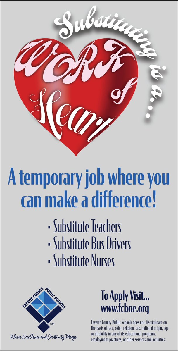 fcboe's tweet photo. We ❤️ our subs! Do you or someone you know have a heart for children and want to make a difference? Join our team today as substitute teacher, bus driver, or nurse. Visit https://t.co/lGxT2GiGIK to apply. https://t.co/rmPGkRXnGO