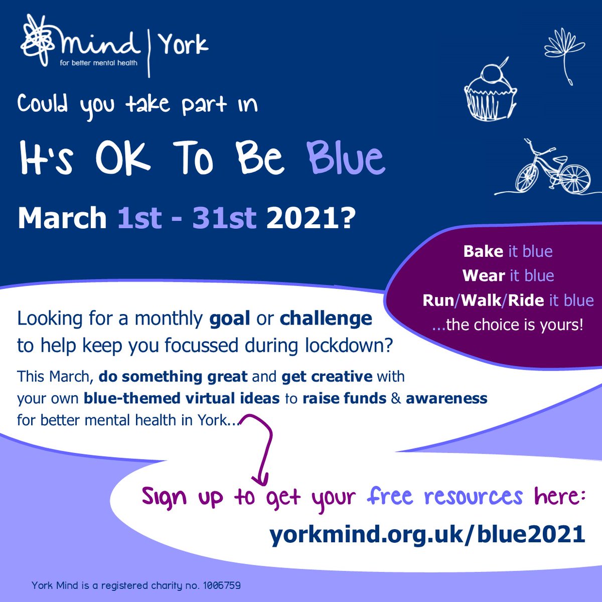 TheYorkMind's tweet photo. Are you looking for a goal or challenge to help keep you focussed during lockdown? Why not 'do something blue' for York Mind? 👌 #ItsOKToBeBlue Simply register your idea and we'll send you free resources to help you get started: https://t.co/c2leCBeGWj #mentalhealth #York https://t.co/ibkkgEHqsw