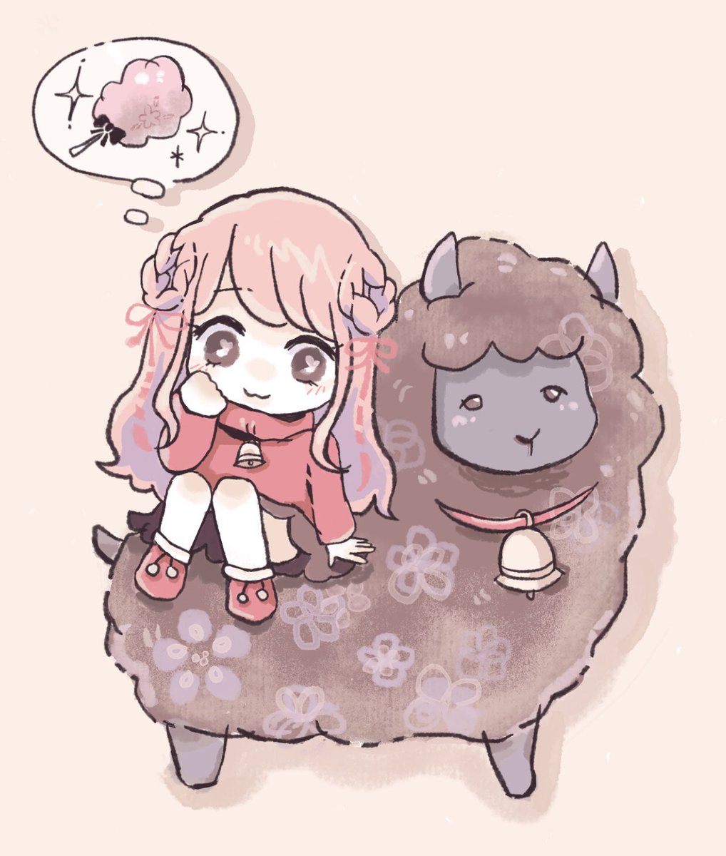 ぴよっ子 まだまだ寒くてあったかお布団が恋しいですね もこもこなアルパカの上で甘いわたあめ食べたいなぁて考えてる女の子描きました 黒パカ 綿菓子 女の子 イラスト 配色