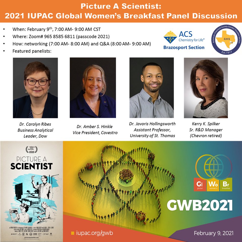 brazosport_acs's tweet photo. ACS Brazosport and @ACSGHS- Hope y’all enjoyed the film @PictureaSciFilm during the weekend. We look forward to seeing you join us for an inspiring @IUPAC GWB Discussion tomorrow! 

#gwb #acs #iupac #2021gwb #globalwomensbreakfast https://t.co/JT4QLnlZTG