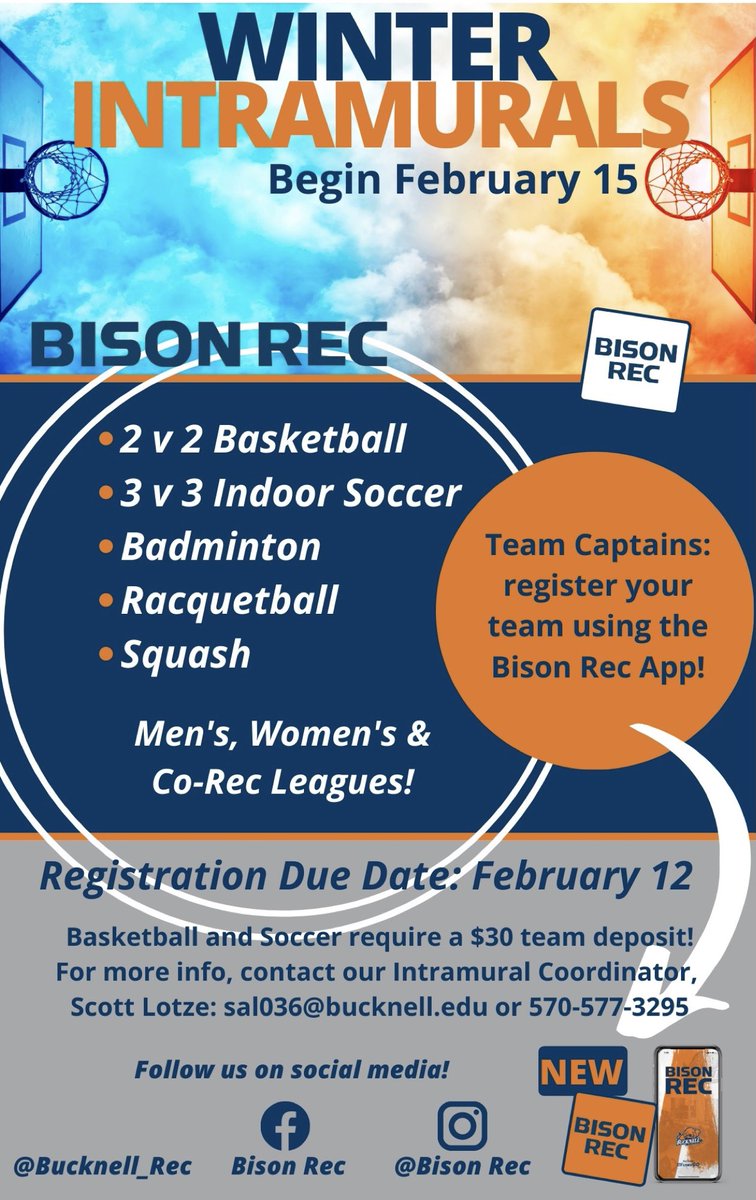 Bucknell_Rec's tweet photo. 🗣🗣🗣Bucknell students: Register now for our Winter Intramural leagues! We have a number of different offerings for you to choose from this season! Sign up using the Bison Rec app in the Google Play or App Store! #BisonRec #Intramurals https://t.co/DuLhaZ15YE