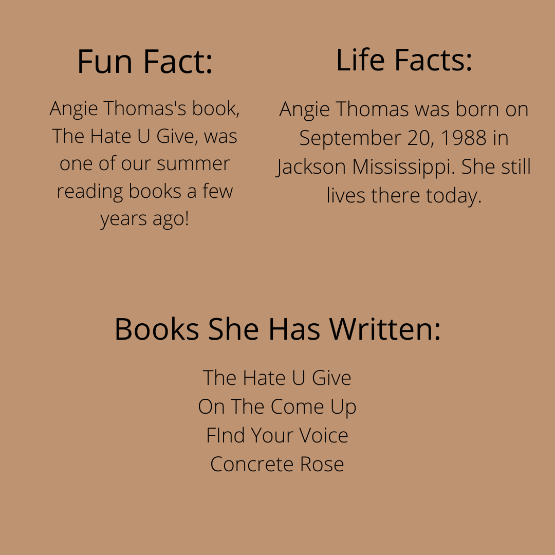 nhs_hopedale's tweet photo. Have you read The Hate You Give? Today’s role model is Angie Thomas! 
-
Graphic designed by Maddie Sullivan https://t.co/4gIwirimm4