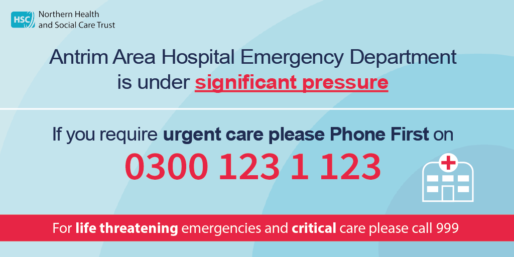 NHSCTrust's tweet photo. AAH Emergency Department is extremely busy today.
❗️If you require urgent care, please Phone First – call 0300 123 1 123❗️
Text Relay number: 18001 0300 123 1 123 or use the Interpreter Now app.
If your condition is life threatening, dial 999.
#PhoneFirstNI https://t.co/anNgUI8FOU