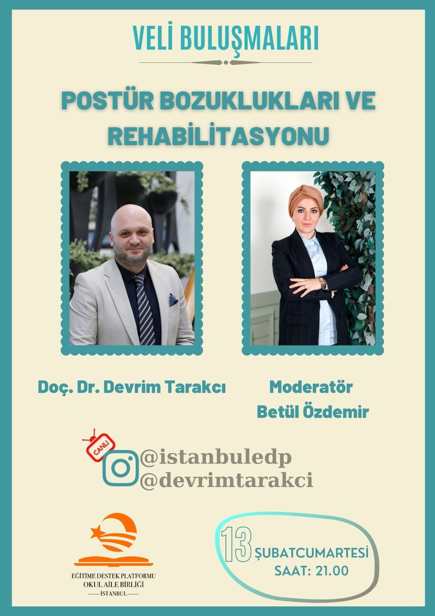 İEDP Okul Aile Birliği İl Koordinatörlüğü olarak bu hafta Veli Buluşmalarında Doç. Dr. Devrim Tarakçı ile Postür Bozuklukları ve Rehabilitasyonu'nu  konuşacağız bekleriz efendim.