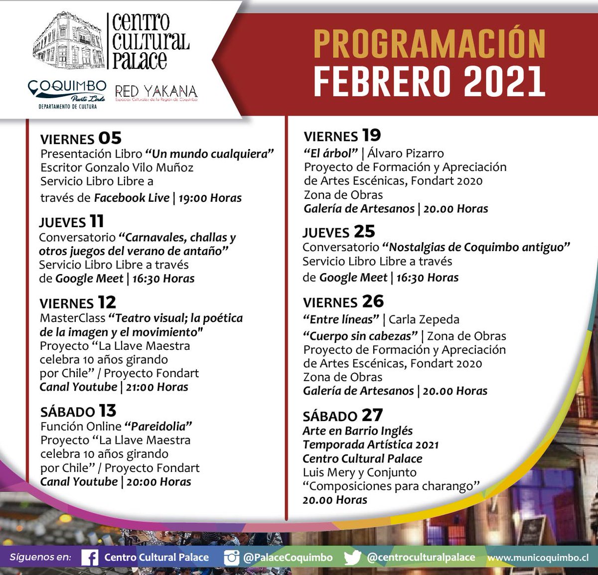 Informaremos de cualquier cambio según indiquen los nuevos anuncios en el Plan Paso a Paso, realizados por el #Mincap 📚😀🎶🎨😷👇👍!!

#PalaceSomosTodos 
#CentroCulturalPalace