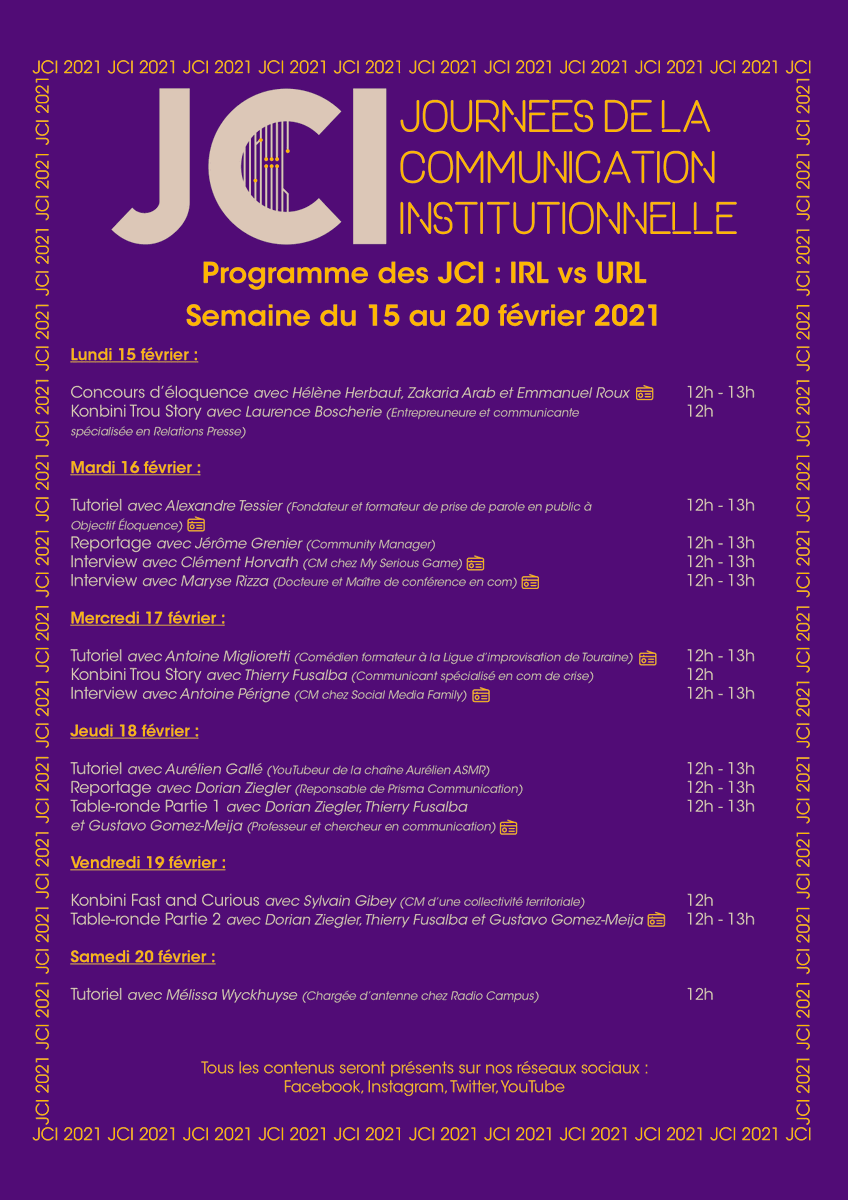 jci37's tweet photo. Les JCI commencent dans une semaine ! 🎉
Découvrez le programme des #JCI2021 sur le thème #IRLvsURL ! 🔎
RDV sur notre site internet https://t.co/TsCVQuFGfH pour en savoir plus ! 💡
#IUTdeTours #UniversitéDeTours #CommunicationInstitutionnelle #LicenceProfessionnelle #LPCOM https://t.co/zV4adGEC77