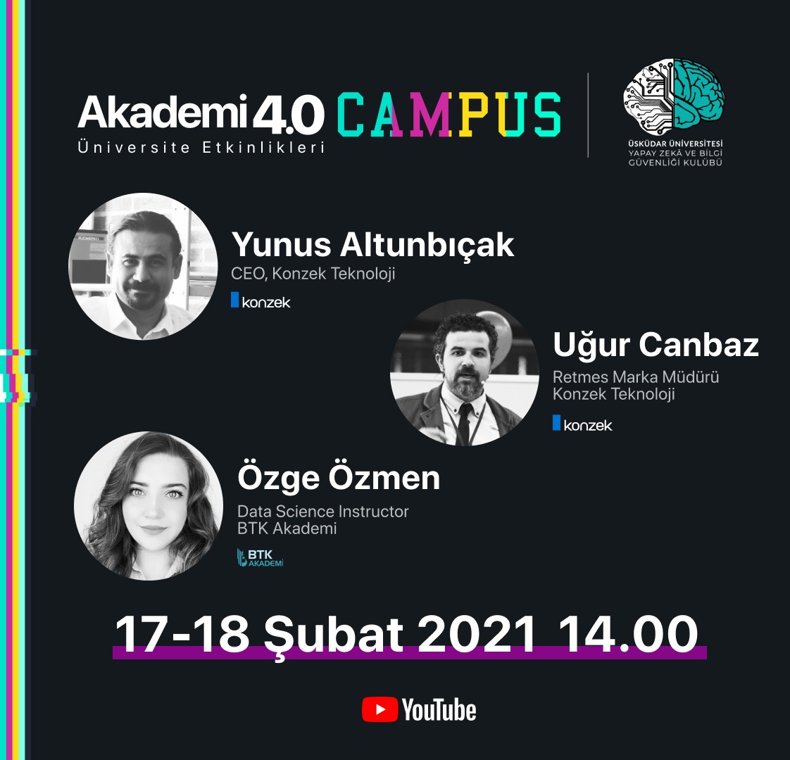 📢 Herkese merhabalar, <a href="/uskuyaz/">Yapay Zekâ ve Bilgi Güvenliği Kulübü</a> ve <a href="/akademi40org/">Akademi 4.0</a>  olarak mükemmel bir etkinlik ile karşınızdayız 💃

📅 17-18 Şubat tarihleri arasında iki gün, üç oturum şeklinde sürecek olan zirvemize hepiniz davetlisiniz. Zirve yayını YouTube üzerinden canlı yayın olarak gerçekleştirilecektir.