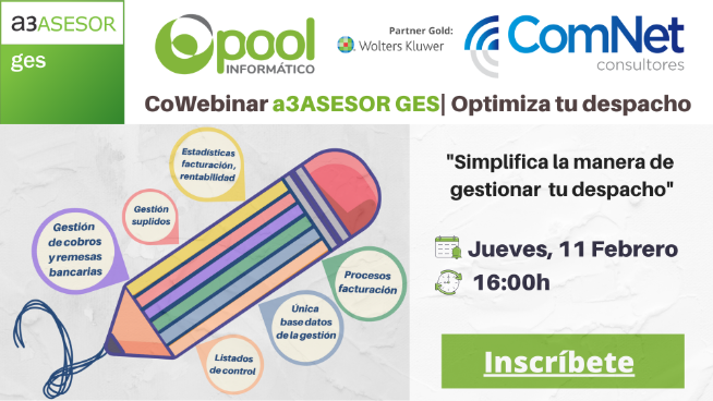 poolinformatico's tweet photo. ‼️Recuerda, este jueves 11 de febrero a las 16.00 h reserva tu agenda para el #Webinar sobre #a3asesor | ges, el #software que simplifica la manera de #gestionar tu despacho profesional y que impartimos junto a @comnetsl 
https://t.co/1JMBJLoVxh https://t.co/JVK3tv0nbD
