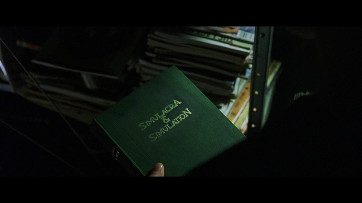 The book in Thomas Anderson's apartment where he keeps all his hacker discs and cash is entitled Simulacra and Simulation, by French philosopher Jean Baudrillard. Simulacra and Simulation explains how a modern "system of control" comes into being and sustains itself.11/