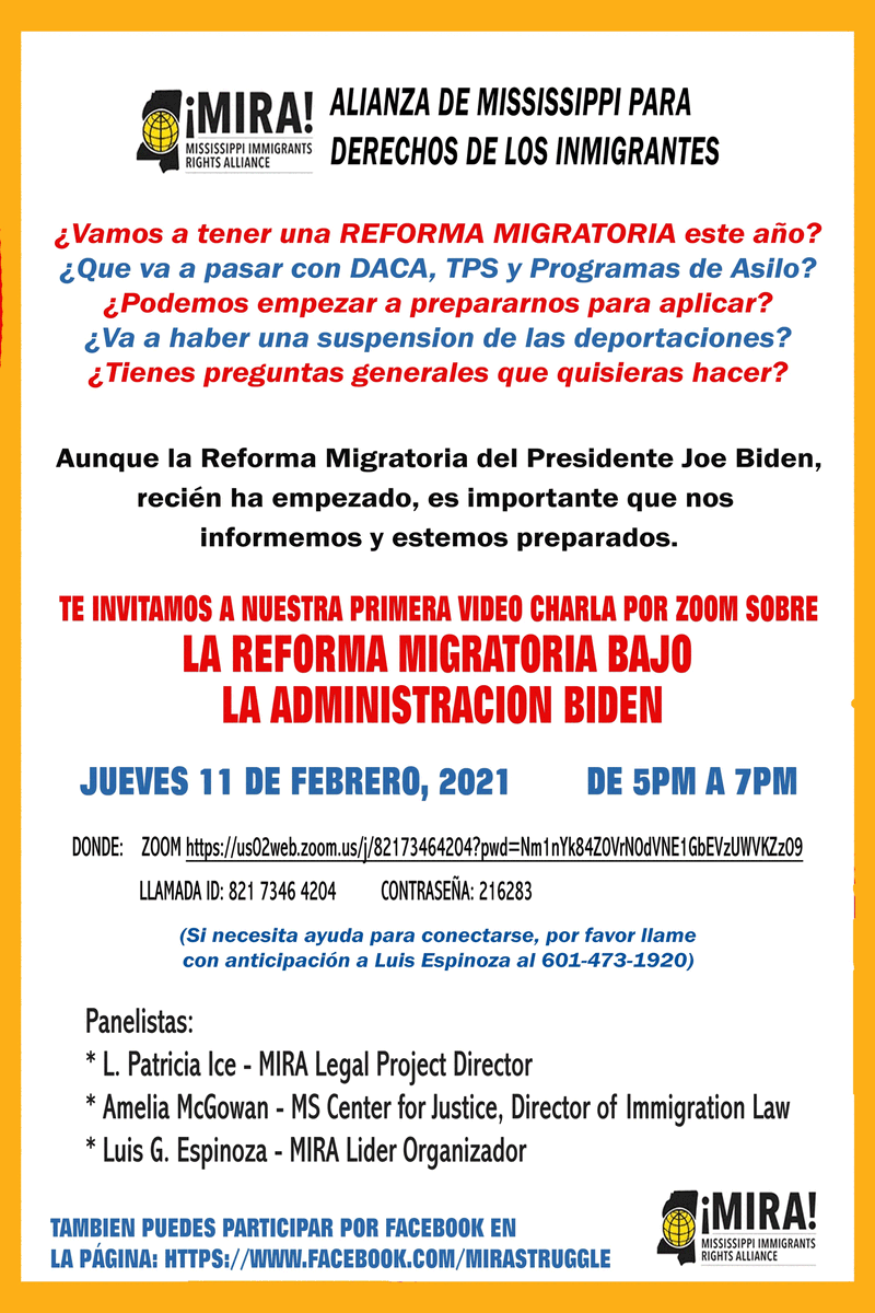 Please join us for a FREE virtual meeting on Thursday, February 11, 2021, 5:00 – 7:00 pm, to discuss Immigration Reform Under the Biden Administration. Details here: yourmira.org/2021/02/08/vir…