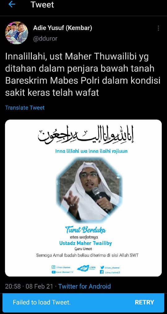 yusuf_dumdum's tweet photo. Innalilahi Maaher meninggal dunia. Doakan yg terbaik saja buat almarhum.

Maaf mau tanya nih buat @dduror, apa bener almarhum di penjara di bawah tanah ? Tahu dari mana? Atau cuma provokasi? https://t.co/AePsJPOQGm