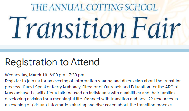 MASpecialNeeds's tweet photo. Special-Needs "Transition to Adult" Virtual Conference &amp; Resource Fair for Massachusetts's Families - March 10th, 2021. * More at this link https://t.co/odjQwEUwch https://t.co/3t3pqJ4aUm