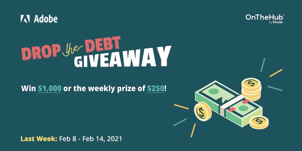 OnTheHub's tweet photo. IT'S YOUR LAST CHANCE TO WIN!!!
Final Week: It's your last chance to win $1,000 USD or the weekly prize of $250 in the #DropTheDebt Giveaway. 💰 This week is brought to you by Adobe. Enter today!
👉 https://t.co/MsVj1PdKGT
.
.
#giveaway #DTD2021 https://t.co/ZQ3xDLtgY9