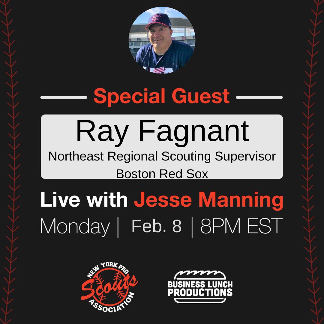 nyproscouts's tweet photo. 🎥: Join @thejessemanning of @BizLunchProd as he welcomes @ray44sox @RedSox Northeast Scouting Supervisor and 2️⃣x George Digby 🏆 winner to our IG Live tonight! 🗽⚾️

⌚️: 8 PM EST
📱: Our @instagram page (@nyproscouts)

#NYProScouts | #RedSox | @AssumptionUMA https://t.co/RCJBgHyxvC