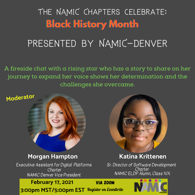 NAMICDen's tweet photo. Join two of our board members as they chat about Treasurer Katina Krittenen’s story and how she has overcome adversity in her life. Vice President Morgan Hampton will moderate.

Make sure to register here! https://t.co/RGZIBSF8dU
#NamicDen #BHM #BlackHistoryMonth #fireside https://t.co/5aAA8E3Ys8