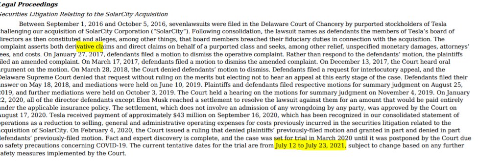 11/derivative trial for the obvious Musk  $SCTY and  $TSLA self-dealing now scheduled for mid July