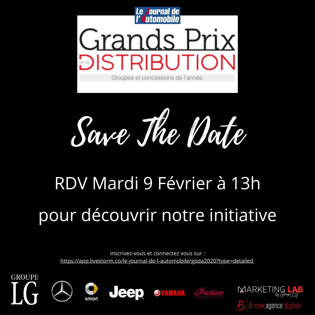 #SaveTheDate – Mardi 9 Février à 13h00.
Découvrez la cérémonie des Grands Prix de la Distribution Automobile 2020, avec un dispositif 100% digital pour la remise du prix spécial pour le #GroupeLG ! 🚀

Inscrivez-vous gratuitement et connectez-vous sur :
👉 bit.ly/2LxE0hS