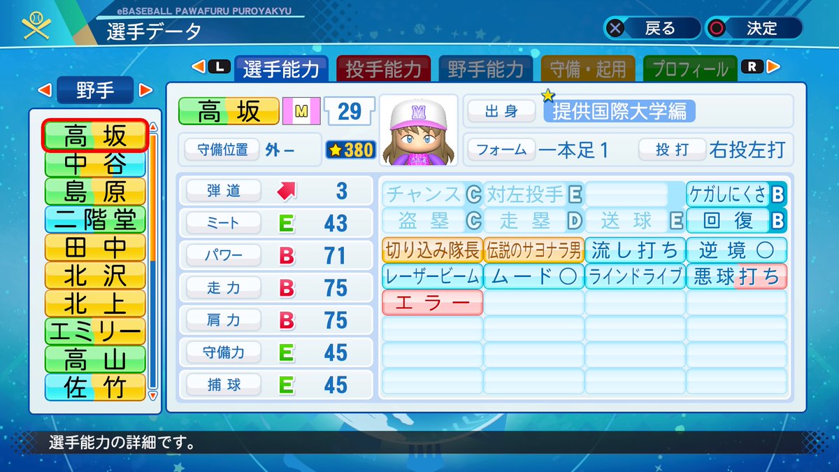 蒼take 祝ミリシタ4周年 守備職人のエミリーちゃん 公式の通り外野の守備固めとショートです 大和撫子らしい能力を身につけており フォームも 阪神 横浜の 大和選手と同じです ミリシタ パワプロ