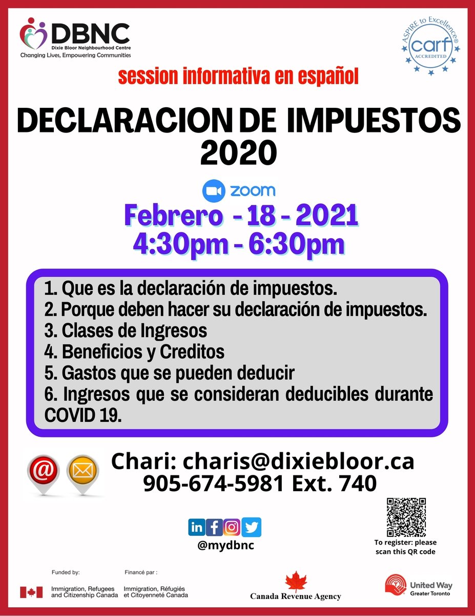 MyDBNC's tweet photo. Join us for an info session on Income Taxes on February 18, 2021 from 4:30pm to 6:30pm - all in SPANISH! Please email us for more information and register here: https://t.co/UWhy2zMTdi #DixieBloorCentre #MyDBNC #IncomeTaxes #FreeInfoSession #SpanishInfoSession #SpanishWorkshop https://t.co/w4uBaAoaKH