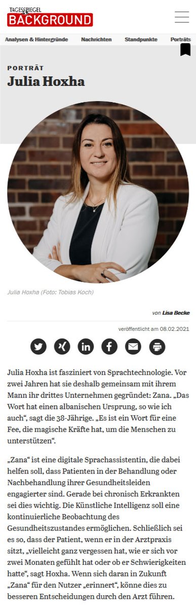 Today´s Tagesspiegel Background features the portrait of our cofounder and CEO, Dr. Julia Hoxha, talking about our digital voice assistant Tidda AI. The assistant motivates #patients in their #treatment, records their well-being and complaints... he.al/36RiWdq
#AI