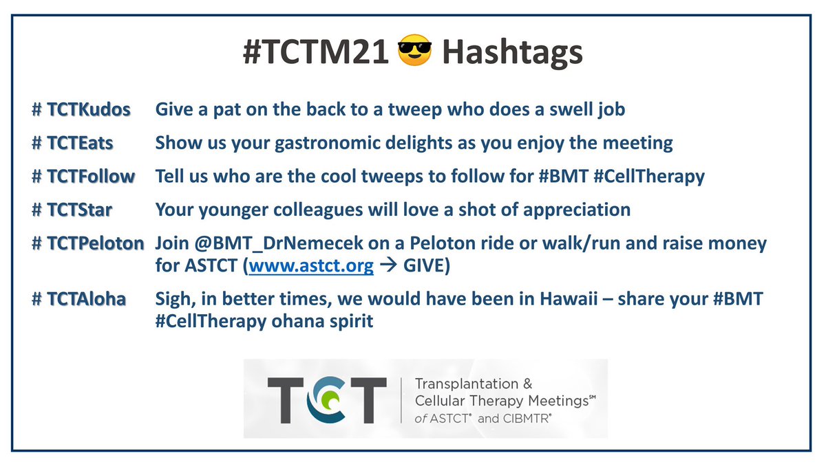AkshaySharmaMD's tweet photo. #TCTM21 Hashtags
#TCTKudos to give a pat on the back ๐
#TCTEats ๐๐ฅ
#TCTFollow Suggest cool tweeps to follow
#TCTStar Share younger colleagues to watch out for ๐ฑ๐จโโ๏ธ๐ฉโโ๏ธ
#TCTPeloton Exercise and fundraise for @ASTCT ๐ช
#TCTAloha Lobby for the next TCT to be in Hawaii ๐ https://t.co/jqcrgOphjN