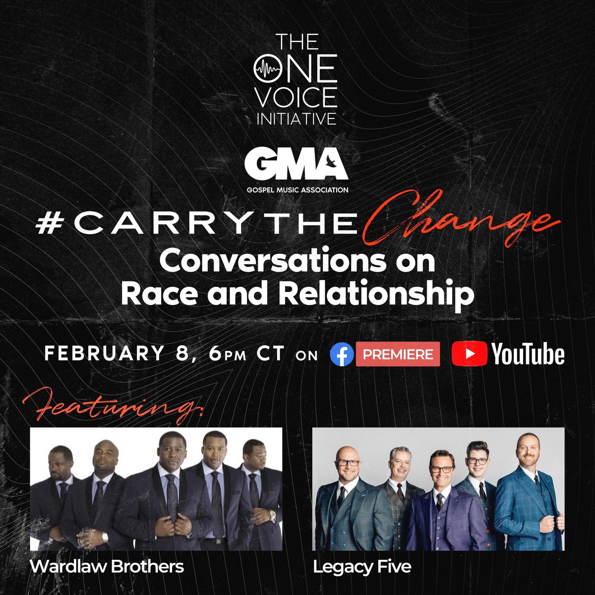 TUNE IN TONIGHT! Legacy Five &amp; Wardlaw Brothers join us for #CarryTheChange: Conversations on Race and Relationship. We're partnering with The One Voice Initiative for these timely conversations you won’t want to miss. Get a reminder for tonight’s event: buff.ly/2OPAUng