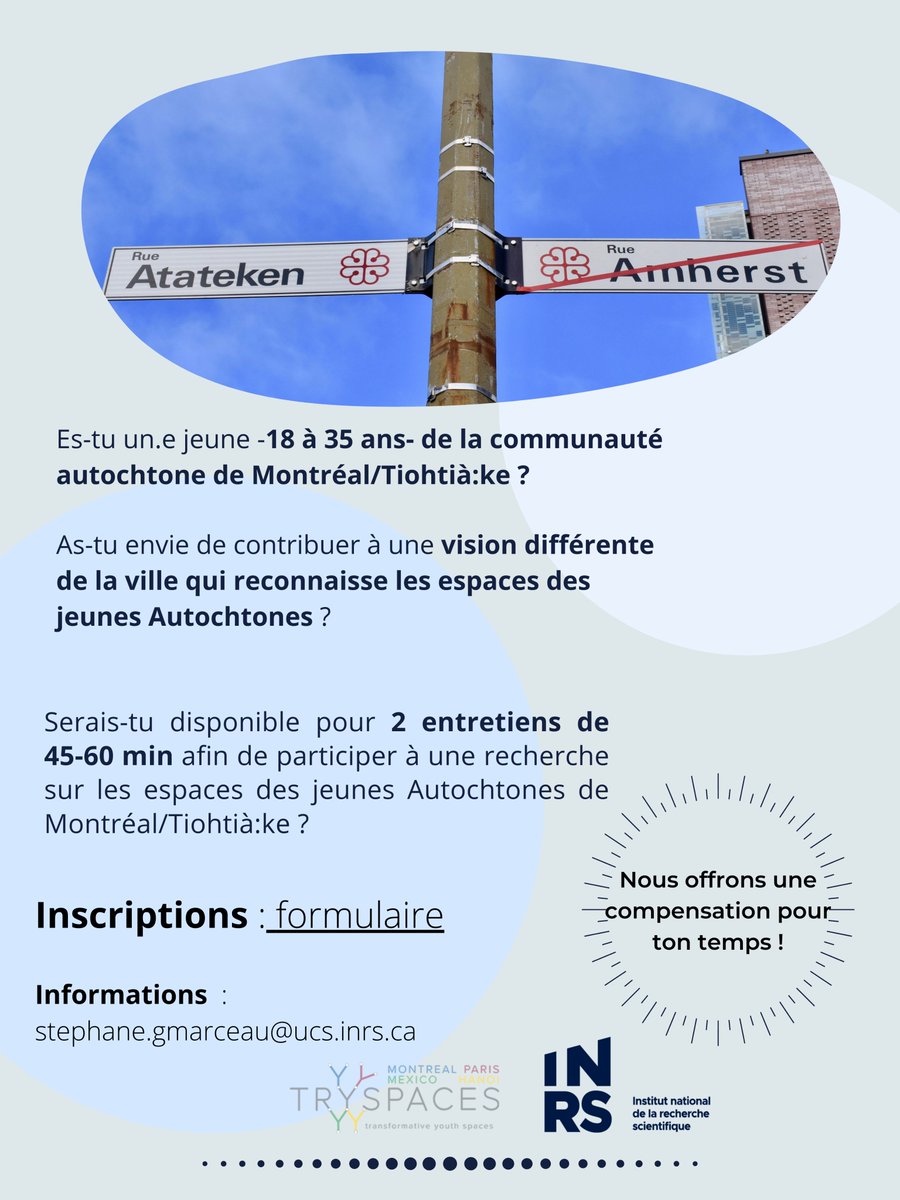ProjetMikana's tweet photo. Invitation à participer à un projet de recherche concernant les relations que les jeunes Autochtones entretiennent avec Montréal/Tiohtià:ke.

Pour participer cliquez ici : https://t.co/SenxOEWedI
-- 
To participate click here : https://t.co/FA9j2cMFpN https://t.co/Ql5BjbpOUw