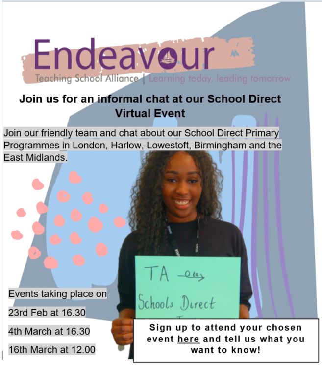 Want to train as a primary teacher in September? Come and chat to us and find out about our School Direct programmes in #London #Suffolk #Birmingham #Derbyshire #staffordshire and #Harlow. We're holding virtual events in February and March. Sign up here forms.gle/3v8nyVZ6gU8chq…