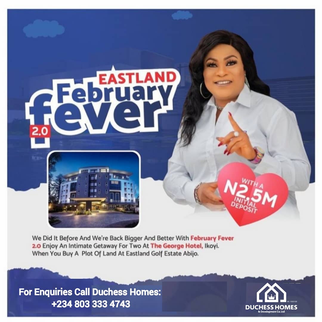 DuchessHomesDCL's tweet photo. FEBRUARY SPECIAL OFFER‼️‼️

EASTLAND GOLF ESTATE ABIJO LEKKI-AJAH LAGOS 

Make an Initial deposit of N2.5MILLION for a 500sqm plot of land and qualify for a weekend getaway at the GEORGE'S HOTEL IKOYI.

500sqm = N10.5million 
TITLE: Governor's Consent 

Call Now! 
#FebruaryPromo https://t.co/SQW2TaLmUP