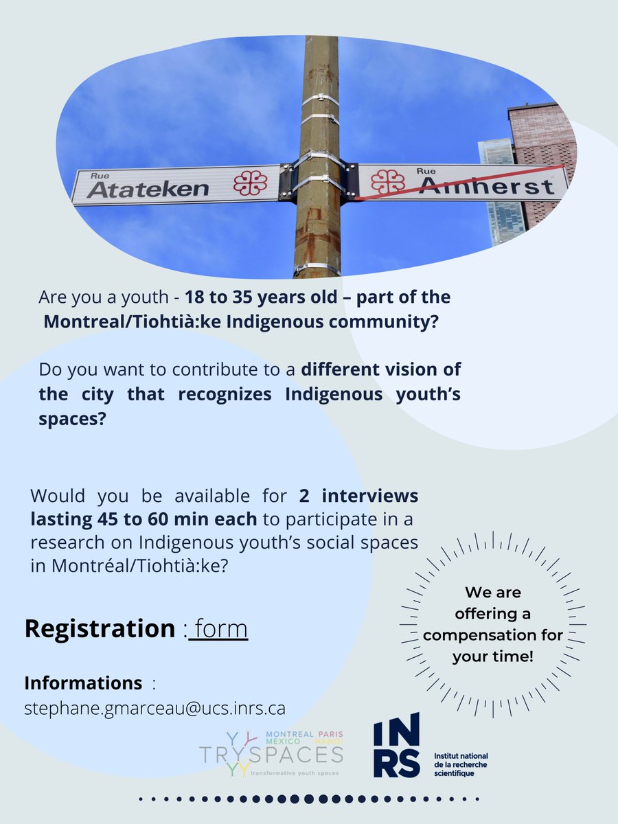 ProjetMikana's tweet photo. Invitation à participer à un projet de recherche concernant les relations que les jeunes Autochtones entretiennent avec Montréal/Tiohtià:ke.

Pour participer cliquez ici : https://t.co/SenxOEWedI
-- 
To participate click here : https://t.co/FA9j2cMFpN https://t.co/Ql5BjbpOUw