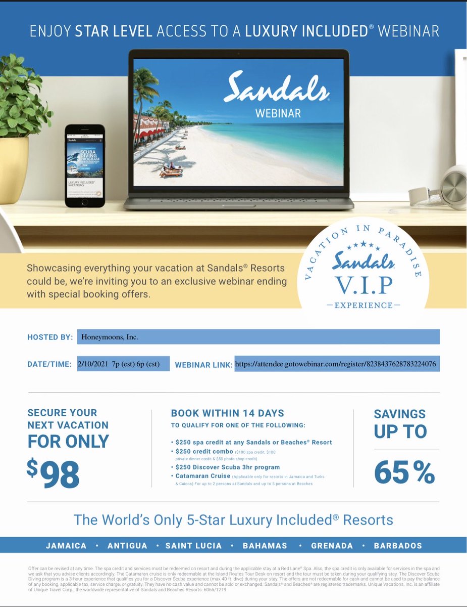 Join HoneymoonsInc for their Sandals VIP experience 
👇Rsvp link below ~ learn all that is new with Sandals Resorts and score perks for your vacation ⁦<a href="/SandalsResorts/">Sandals Resorts</a>⁩ ⁦@SandalsWeddings⁩ ⁦<a href="/HoneymoonsInc/">Honeymoons, Inc.</a>⁩