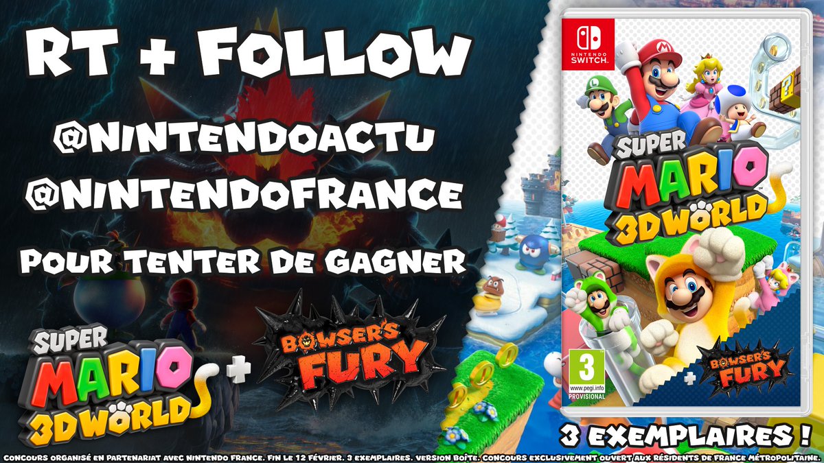 NintendoActu's tweet image. [CONCOURS] - Follow @NintendoActu et @NintendoFrance + RT + taguez un(e) ami(e) pour tenter de gagner Super Mario 3D World + Bowser's Fury sur #NintendoSwitch ! 🔔😼
🎁 3 jeux à gagner ! Fin le 12/02.