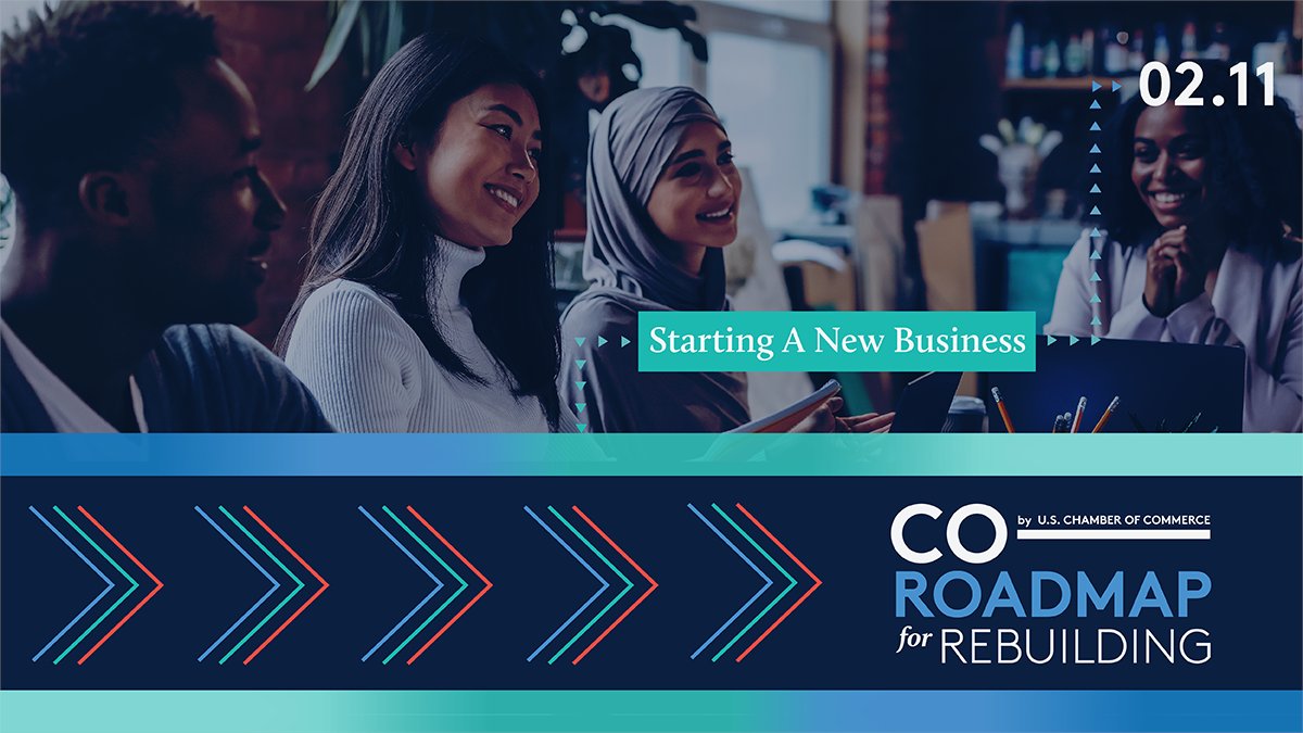Graphic shows a diverse group of business people. Text reads "CO— Roadmap for Rebuilding: Starting a New Business, 2/11."