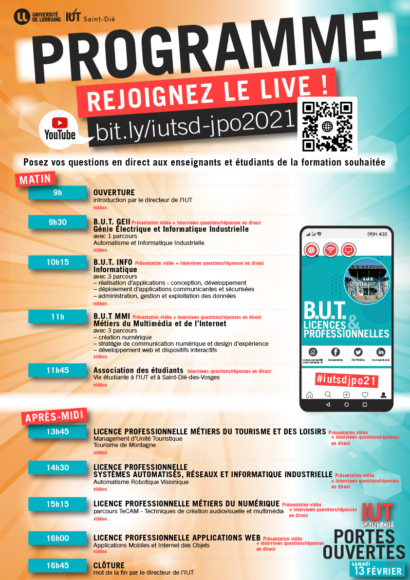 MMIStDie's tweet photo. @IUTStDie @Univ_Lorraine Une porte ouverte @IUT_StDie  pour le futur BUT #BUT #MMI ? Retrouvez-nous en direct samedi 13 février matin sur le live youtube https://t.co/sL012U3LO1. Tous les visiteurs peuvent prendre RV avec un enseignant et étudiant MMI ici : https://t.co/XX0km7J9Rk. A bientôt :) https://t.co/JUzQSHh52U