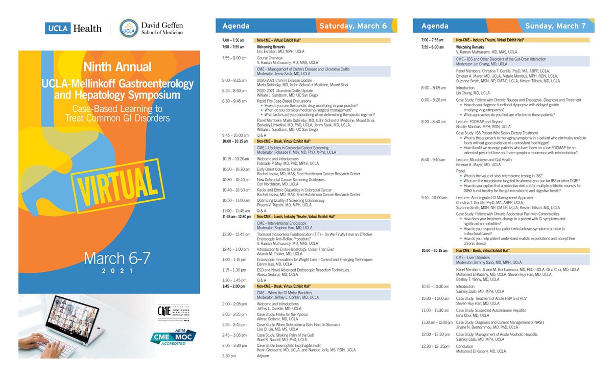 UCLA-Mellinkoff GI & Hepatology Symposium - March 6-7 - Agenda 👇 - #GItwitter #livertwitter #UCLAGI
🔹Live, virtual
🔹CME & ABIM MOC
🔹FREE for all trainees 💥
🔹Topics: #IBD, #CRC, #motility, #braingut, #liver, #GIdietitian, #esophageal, #IBS & more
👉https://t.co/rB0QUPIPIK https://t.co/WuYn97jAuV