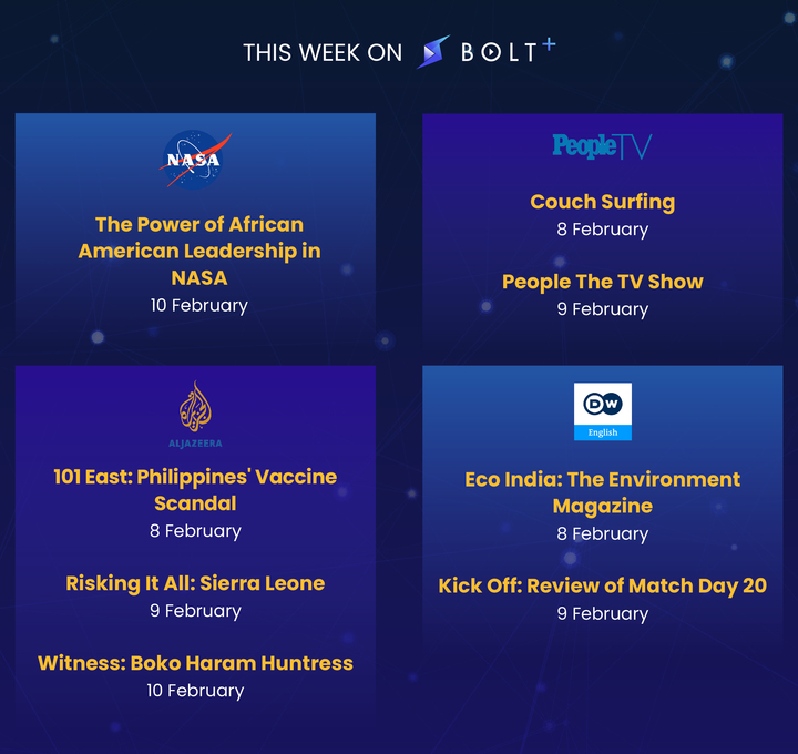 boltplus's tweet photo. ⚡️This week’s LIVE TV guide for BOLT+, starting from 8 February⚡️

Get ready for a new week of #content highlights on BOLT+ 👀

For the full impression of our channels download BOLT+ via:
https://t.co/wqHJoTbgUJ

$BOLT #BOLT https://t.co/TlF78bdBoq