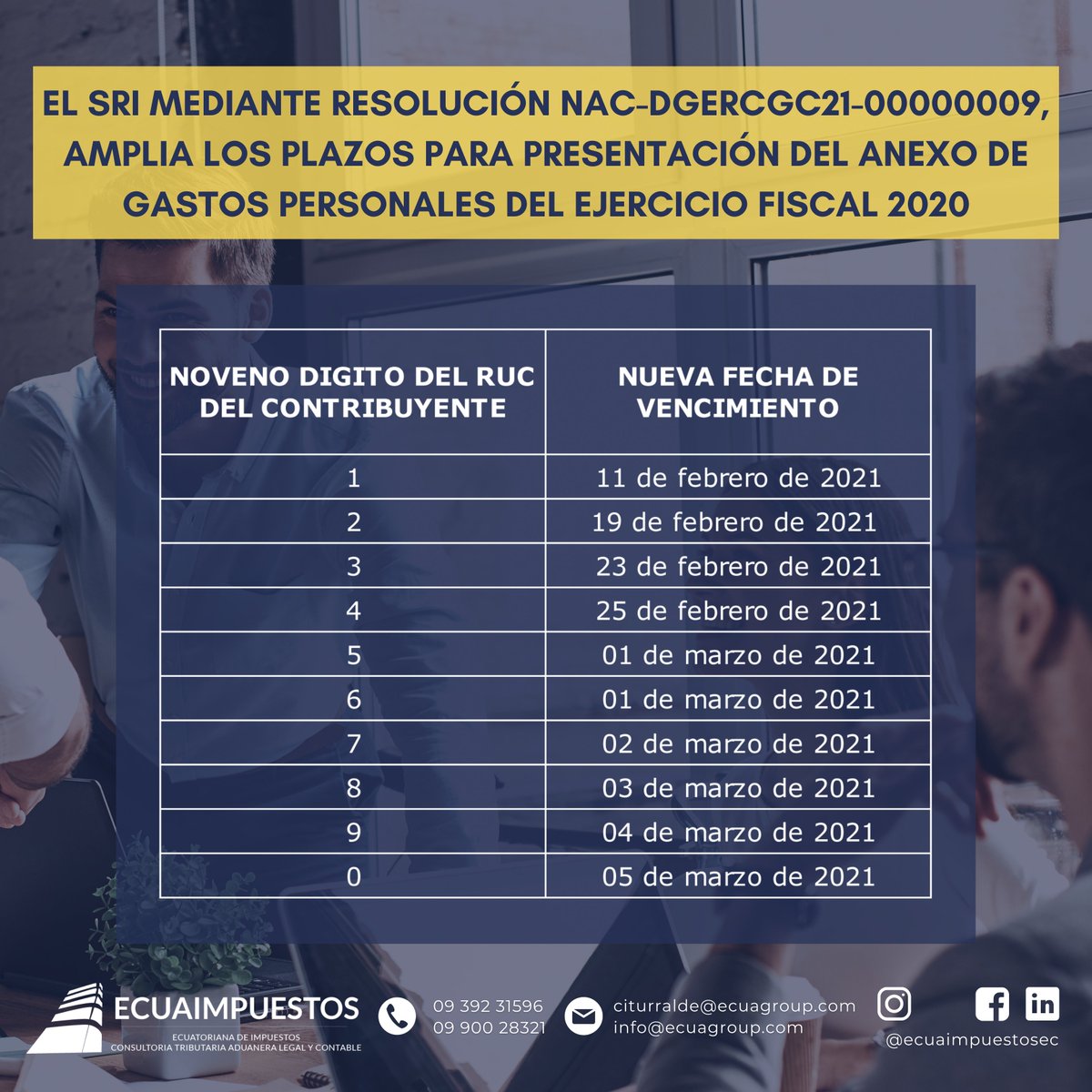 Carlos_Ytu's tweet photo. #AlertaTributaria
El @SRIoficialEc mediante Resolución NAC-DGERCGC21-00000009, amplia los plazos para presentación del anexo de gastos personales del ejercicio fiscal 2020. https://t.co/SBqCS8da7t