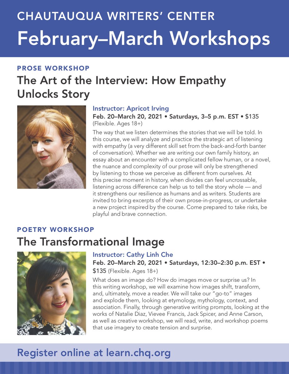 We are thrilled to announce that registration is now open for our next workshops. We cannot wait for you to work with <a href="/ApricotIrving/">Apricot Irving</a>  and <a href="/cathylinhche/">Cathy Linh Che</a>. 
Register at learn.chq.org