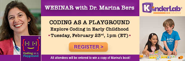 KinderLabRobot's tweet image. Join the "Coding as a Playground–Exploring Early Childhood Coding" webinar where Dr. Marina Bers will discuss how to easily integrate creative hands-on coding into your PreK-2nd grade classroom. Attend to win a copy of @marinabers new book. Register today! attendee.gotowebinar.com/register/25006…