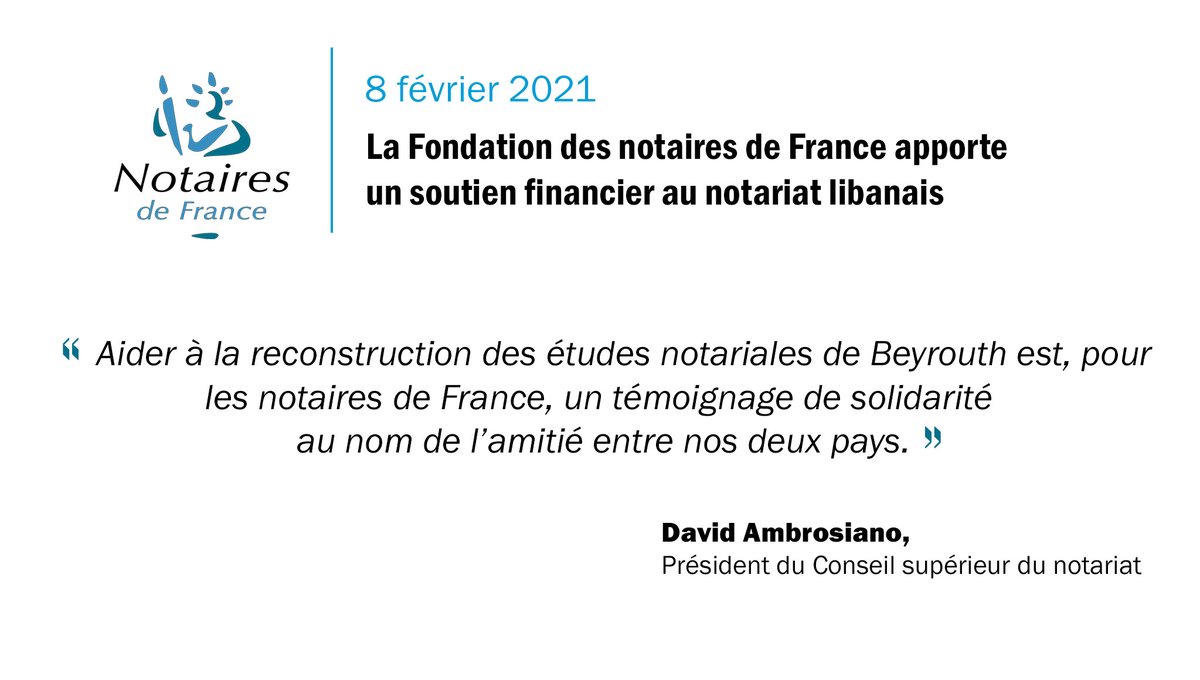 Notaires_CSN's tweet photo. [Communiqué] La Fondation des #notairesdeFrance apporte un soutien financier au #notariat libanais afin de participer à la reconstruction des études notariales de #Beyrouth endommagées ou détruites lors de l’explosion survenue le 4 août 2020 ➡️ https://t.co/gjlewe1Bsj #Liban https://t.co/6kjAQPMB3G