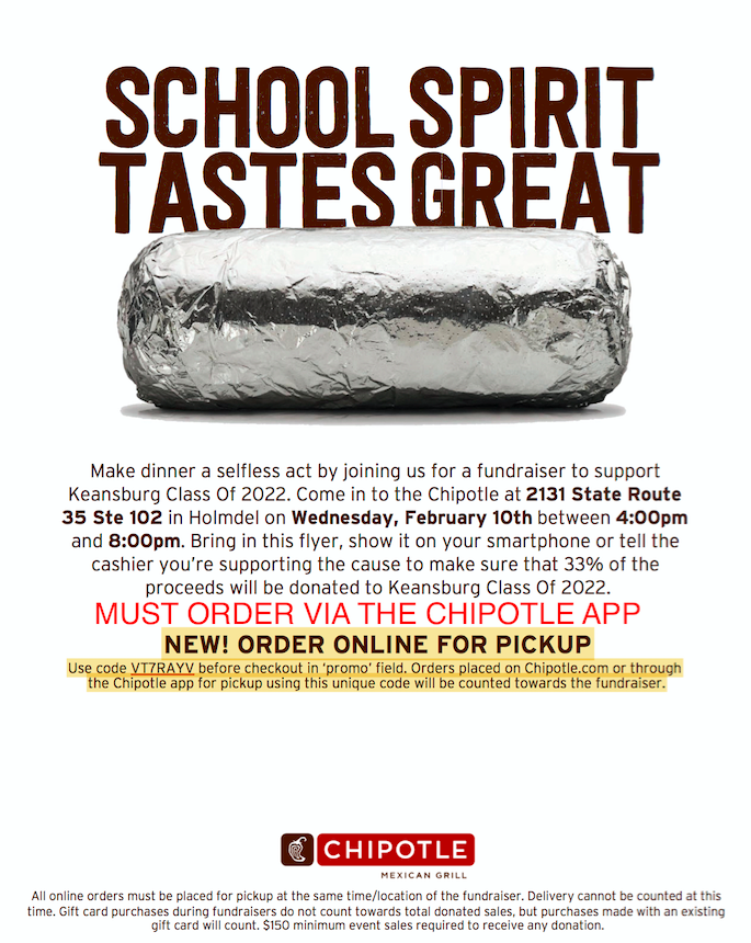 Titan Community;

Help support the KHS Class of 2020 on Wednesday February 10th 4-10pm at their Chipotle Fundraiser.  All orders must be placed via the APP and by using the code.  See flyer for all details.