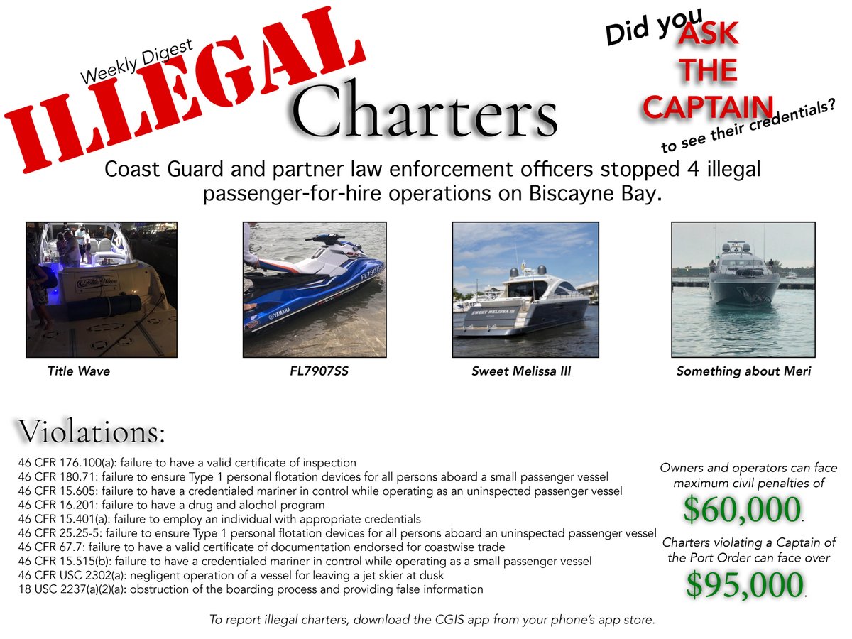 USCGSoutheast's tweet photo. #WeeklyDigest @USCG and @MiamiBeachPD #LawEnforcement teams had a busy weekend with #IllegalCharters. #StayTuned for more information from the weekend....#AskTheCaptain https://t.co/7i5jd7unH6