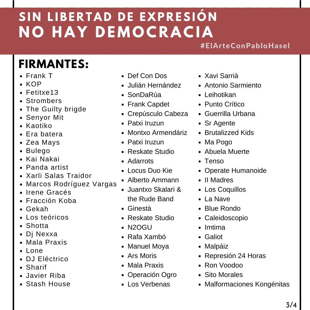 antirepre_pon's tweet photo. SIN LIBERTAD DE EXPRESIÓN NO HAY DEMOCRACIA. #ElArteConPabloHasel

Comunicado de artistas en contra del encarcelamiento de @PabloHasel, el primer rapero que será encarcelado en Europa. https://t.co/VOychFlnzK