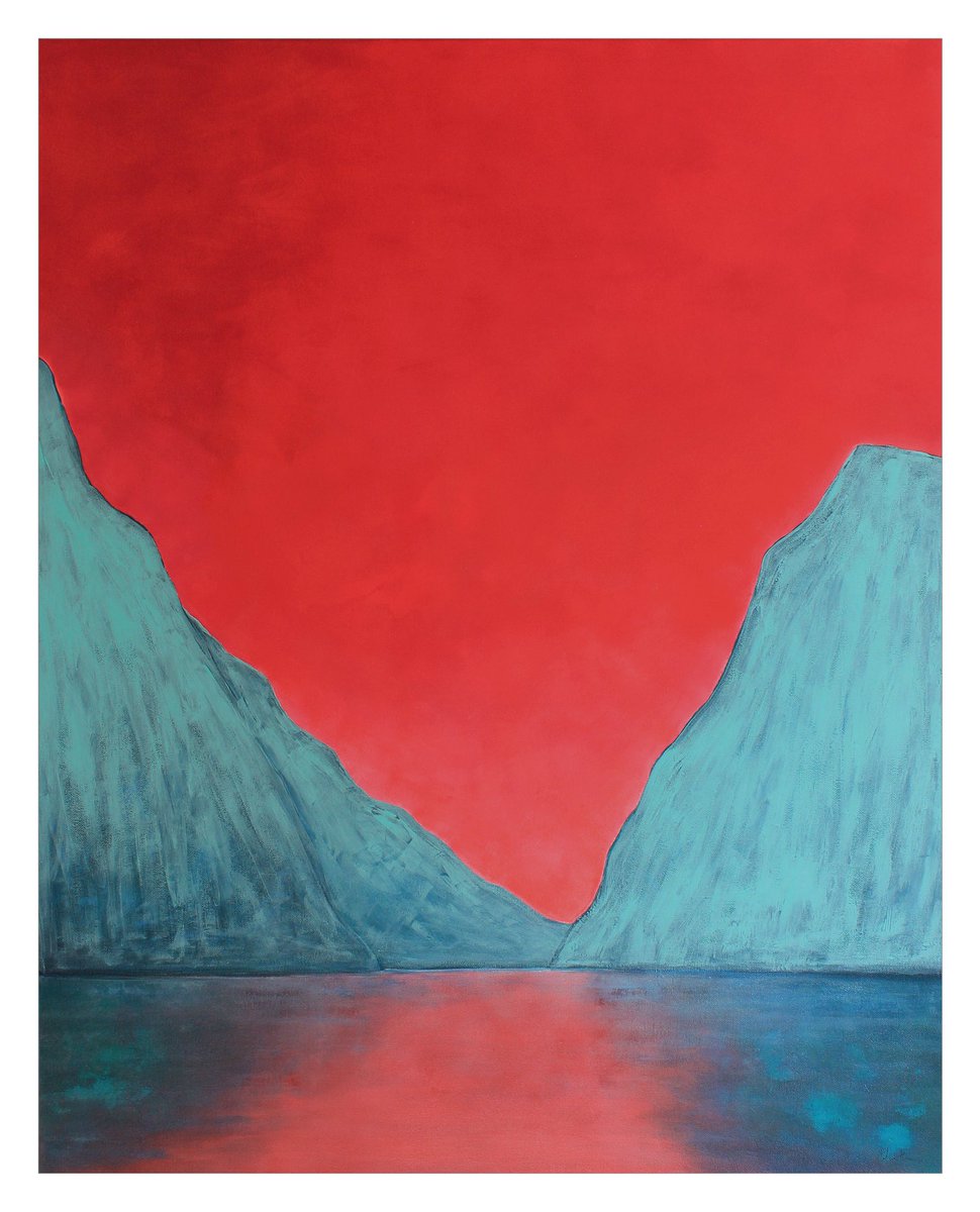 Verdigris @orlainberlin A vibrant red sky is the backdrop to a re-imagined greenish-blue fjord at a time when the world is at a crossroads between climate change and the depletion of natural resources. asoftday.com/products/origi… 📡 #redfjord #painting #changinglandscape