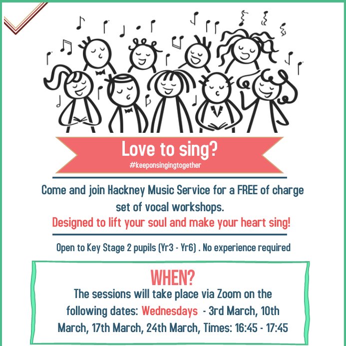 New singing opportunity for pupils in KS2!

Love to sing? Come and join us for a FREE of charge set of vocal workshops starting on March 3rd. Designed to lift your soul and make your heart sing!

For more info and to apply visit >>cutt.ly/pkm0NS6

 #keeponsingingtogether