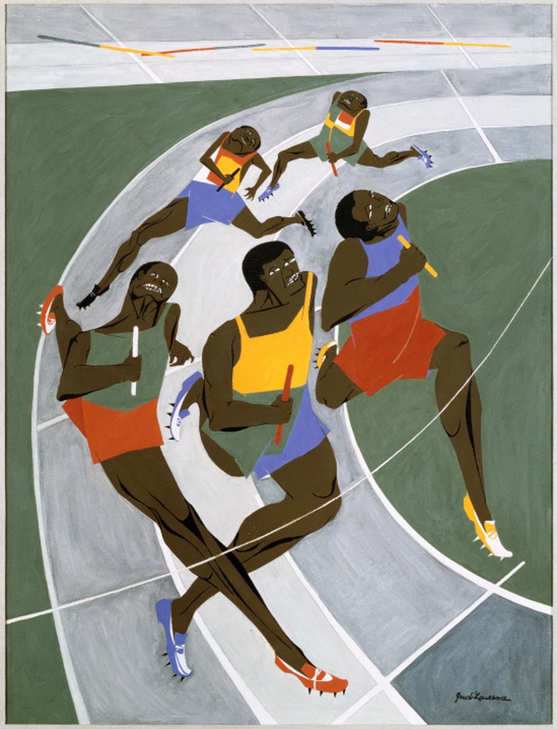 Jacob Lawrence, study for the Olympic Games, 1971. In this commissioned poster for the 1972 Munich games, JL calls back to the last games held in Germany. The 1936 Berlin olympics saw Jesse Owens shatter world records amidst surging white supremacist and antisemitic ideologies.