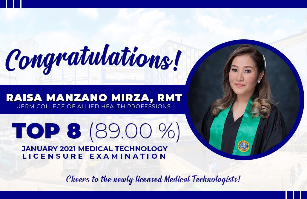 A living testament that hardwork, faith, and dedication do pay off. She’s indeed an inspiration to all aspiring Medical Technology students 💙

You have set the bar high by defining what it means to be a ueRMT. The whole UERM Community is very proud of you!! @raisamirza_
