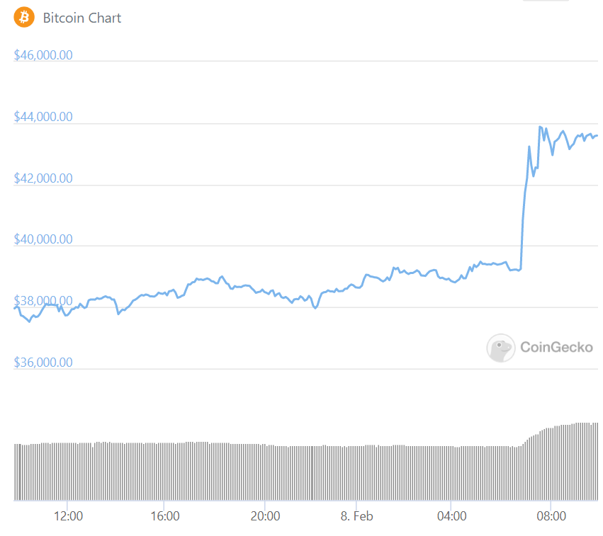 Always nice to wake up and see #Bitcoin rose $5,000 while I slept.  A year ago, bitcoin was worth $5k, btw.  Now nearly $45k.  My #dogecoin up 30% too!  Thanks <a href="/elonmusk/">Elon Musk</a>