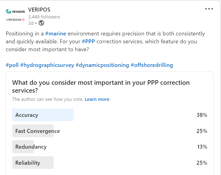 VeriposGNSS's tweet photo. We asked what is most important in your #PPP correction services. In our LinkedIn poll, 38% voted Accuracy &amp; 25% for both Fast Convergence and Reliability. 

All of these features are within reach, read how in @HexagonAP's #RTK From the Sky white paper >> https://t.co/MkdZaqy8WR https://t.co/Y56SyAgixc
