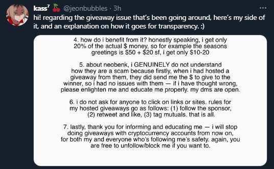 Adding this here since  @jeonbubbles deactivated. Also some accounts are apparently being promised Bitcoin, but bitcoin is like $43k a share, so a tiny amount of Bitcoin is a fractional and not very much. Also no guarantee they’ll actually give them anything.
